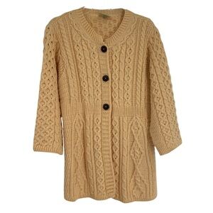 Kilronan Knitwear Ireland Merino Wool Women L Yellow Cable Knit Cardigan Sweater